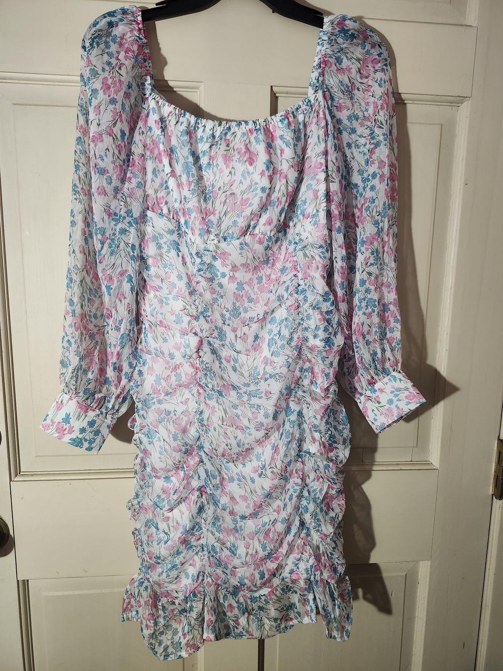 Floral Puff-Sleeve Ruching Dress in White with Pink & Blue Floral Print